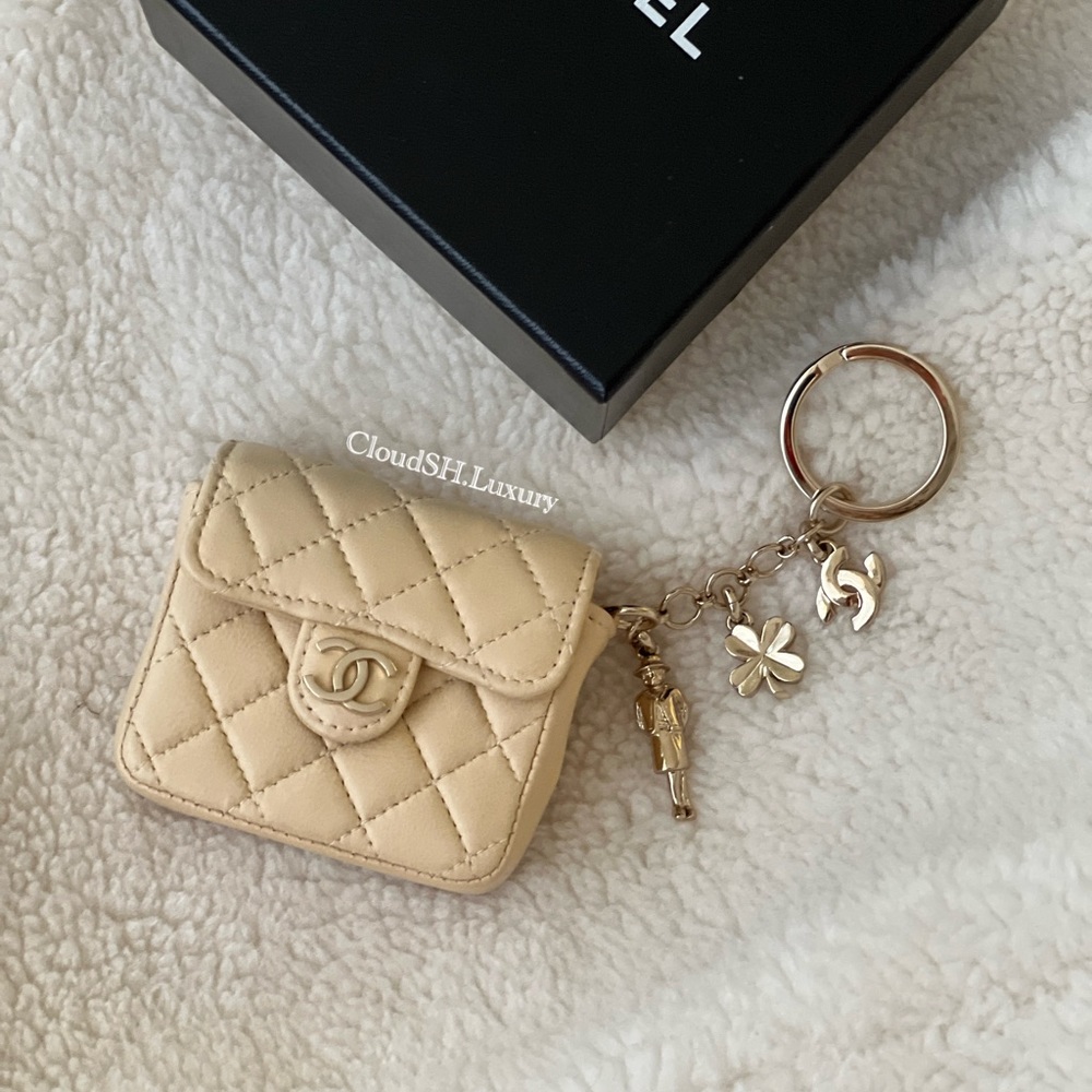 Auth Chanel Beige Mini Flap Bag Key Ring Bag Charm - Excellent Condition